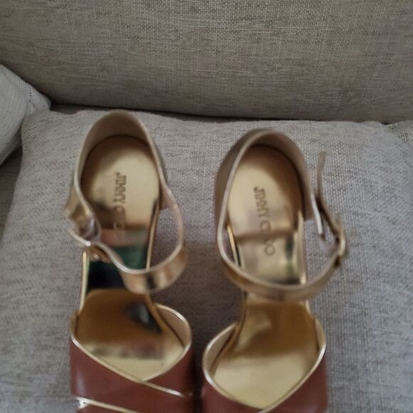 Jimmy Choo Brown/Metallic Gold Leather Pape Mirrored Cork Wedge Sandals Size 7 - Picture 13 of 16